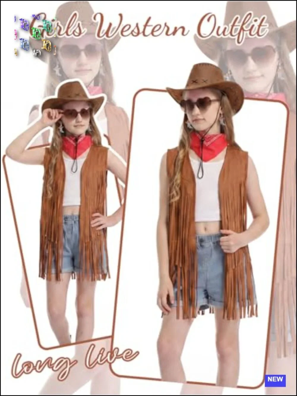 Girls Cowgirl Costume 6pc Set Fringe Vest Hat Bandana Kids Western Rodeo Outfit